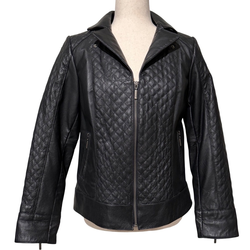 Bradley‎ Bayou Womens Black Quilted Genuine Leather Full Zip Moto Jacket Size XS